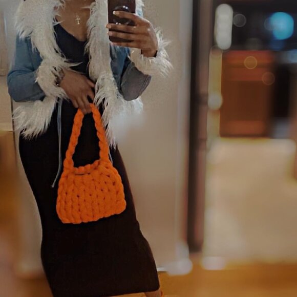 Neiman Marcus Orange Handmade Woven Knit Satchel Purse - Picture 1 of 3